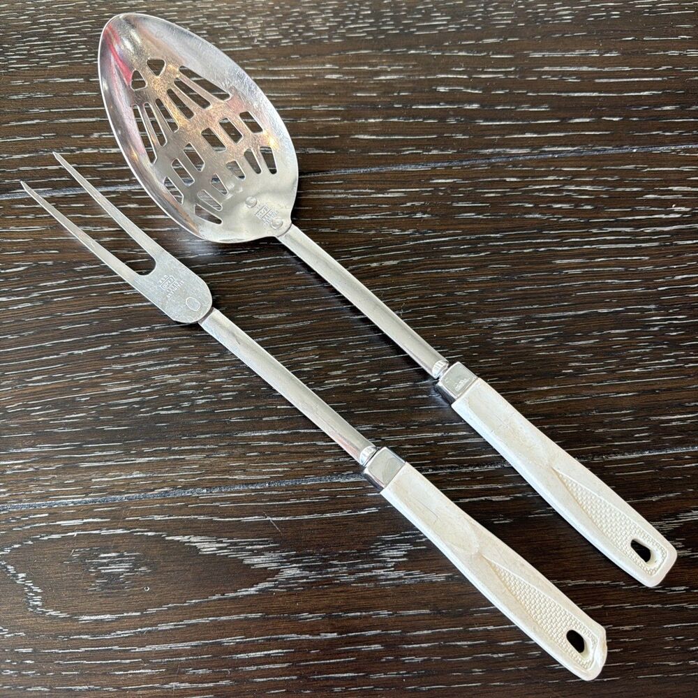 Vintage Ecko Stainless Steel Slotted Spoon And Meat Fork White Handles